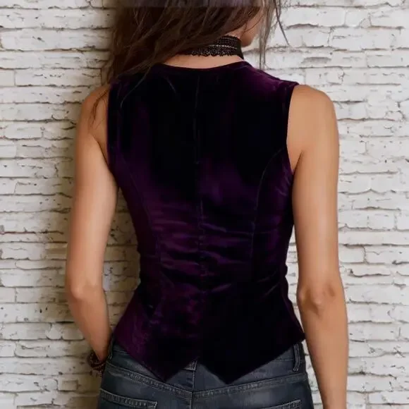 STUNNING! NEW Vintage Y2K Retro S-XL Velvet Rich Purple Boho Button-Up Vest Top - Picture 2 of 9